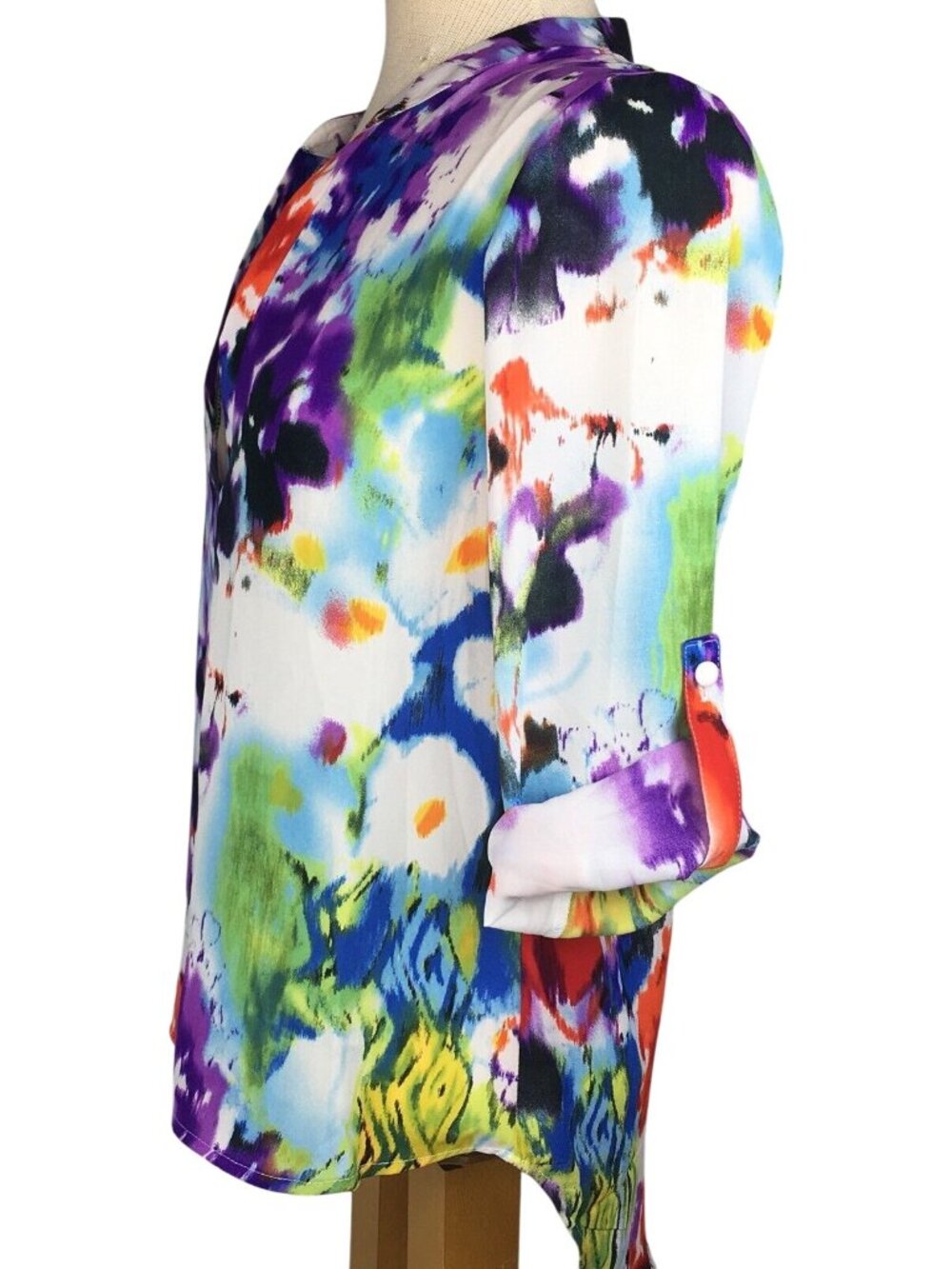 Chelsea Taylor Womens Top Small Watercolor V-neck Tab Sleeve Hi Low Hem Colorful - Picture 5 of 11